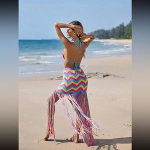 Crochet 2 Pieces Top and Fringe Trims Skirt Set Size L(10/12)